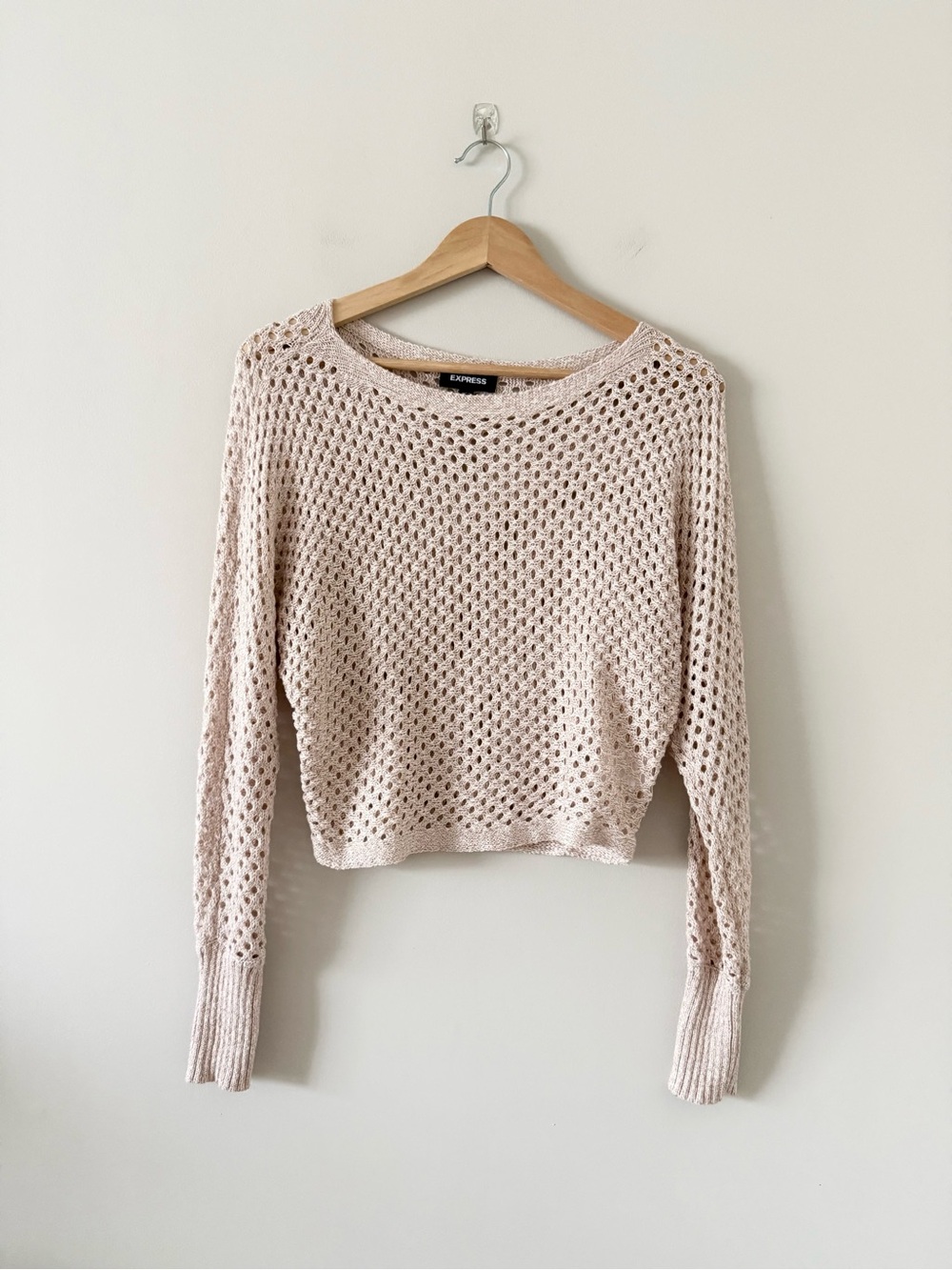 Express Open-Knit Cropped Long Sleeve Sweater in Light Beige Size XS